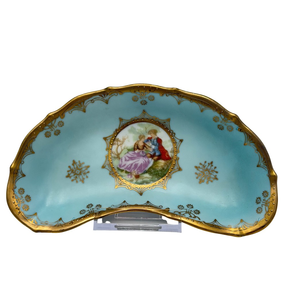 Vtg Arnart Japan Porcelain Crescent‎ Bone Dish Courting Couple Gold Gilt Trinket